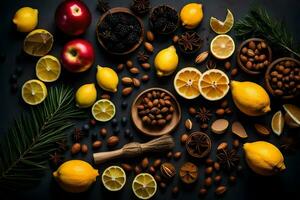 AI generated various fruits and nuts are arranged on a black background photo