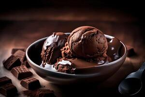 AI generated chocolate ice cream in a bowl with chocolate pieces photo