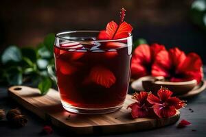 AI generated a glass of red drink with hibiscus flowers photo