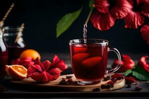 AI generated red tea with hibiscus flowers and oranges on a dark background photo