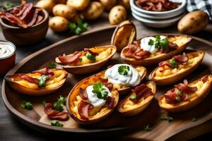 AI generated bacon and cheese potato skins on a wooden cutting board photo