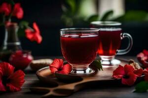 AI generated two cups of tea with red flowers on a wooden tray photo