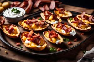 AI generated bacon and cheese potato skins on a plate photo