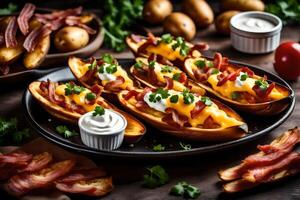 ai generado horneado patatas con tocino y queso en un plato foto