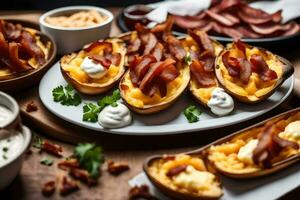 AI generated bacon and cheese stuffed potatoes on a wooden table photo
