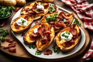 AI generated baked potatoes with bacon and sour cream photo