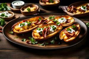 AI generated baked potatoes with bacon and sour cream on a wooden plate photo