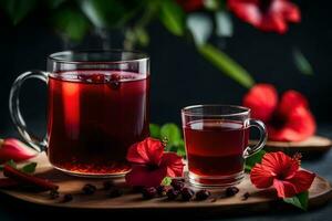 ai generado rojo té con hibisco flores y rojo bayas en un oscuro antecedentes foto