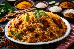 AI generated indian biryani with chicken and spices photo