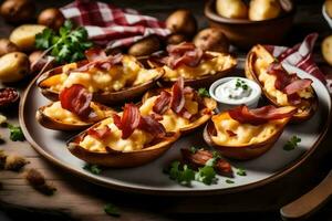 AI generated baked potatoes with cheese and bacon on a plate photo