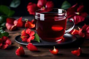 ai generado rojo té con hibisco flores en un oscuro antecedentes foto