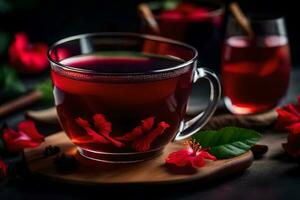 AI generated red tea with hibiscus flowers and cinnamon sticks photo