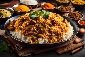 AI generated indian food with rice and spices photo