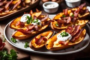 AI generated baked sweet potatoes with bacon and sour cream photo