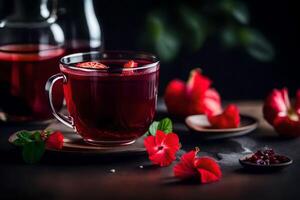 ai generado rojo té en un vaso taza con flores en un oscuro antecedentes foto