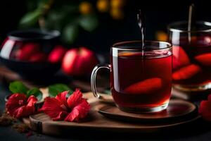 AI generated red tea with hibiscus flowers and leaves on a dark background photo