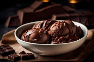 AI generated chocolate ice cream in a bowl with chocolate pieces photo