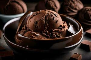 AI generated chocolate ice cream in a bowl with chocolate pieces photo