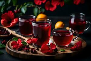 ai generado rojo té con hibisco flores y hojas en un negro antecedentes foto