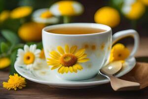 ai generado un taza de té con manzanilla flores foto