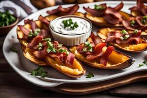 AI generated bacon and cheese stuffed sweet potatoes on a white plate photo