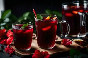 AI generated red tea with berries and flowers photo