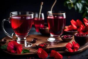 AI generated red tea with pomegranate flowers photo