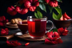 AI generated red tea with hibiscus flowers on a dark background photo