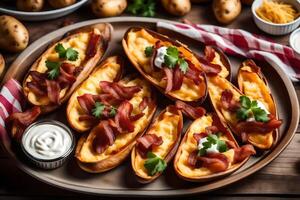 AI generated baked potatoes with bacon and cheese on a wooden table photo