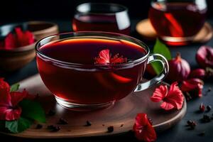 AI generated red tea with hibiscus flowers on a dark background photo