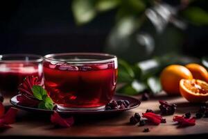 AI generated a cup of tea with red berries and flowers photo