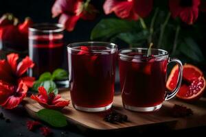 AI generated two glasses of tea with red flowers photo