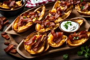 AI generated bacon and cheese stuffed potatoes on a wooden cutting board photo