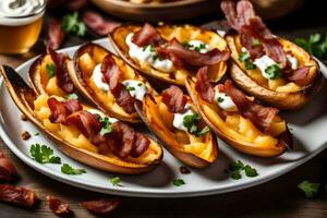 AI generated bacon and potato skins on a plate photo