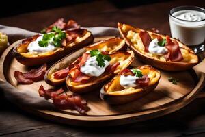 AI generated baked potatoes with bacon and sour cream photo