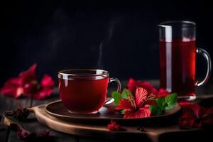 ai generado rojo té con hibisco flores en un oscuro antecedentes foto