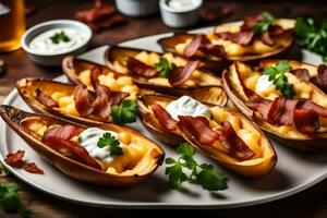 AI generated bacon and cheese stuffed potato skins on a plate photo