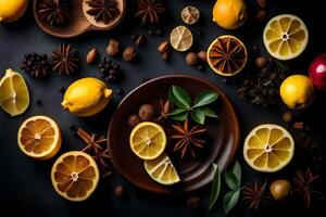 AI generated lemon, anise, cinnamon, cloves, and other spices on a black background photo