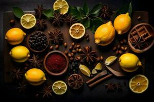 AI generated lemon, anise, cinnamon, and other spices on a black background photo