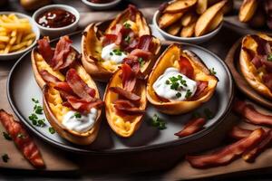 AI generated bacon and cheese stuffed potato skins on a plate photo