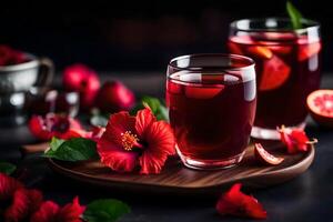 AI generated red tea with pomegranate and flowers on a dark background photo