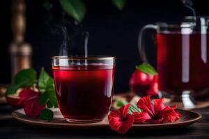 AI generated pomegranate tea with flowers on a wooden table photo