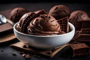 AI generated chocolate ice cream in a bowl with chocolate pieces photo