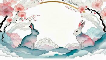 ai generado 2024 chino nuevo año bandera. año de el Conejo modelo diseño con adornos de conejos y flores en un antecedentes. foto