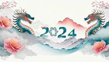 AI generated 2024 Chinese New Year Banner Year of the Dragon Template Design featuring Dragons, Clouds, and Flowers in the Background. photo