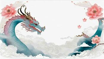 AI generated 2024 Chinese New Year Banner Year of the Dragon Template Design featuring Dragons, Clouds, and Flowers in the Background. photo