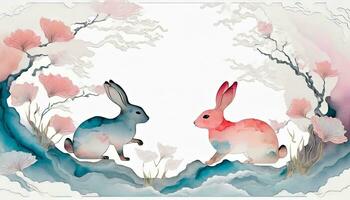 AI generated 2024 Chinese New Year Banner. Year of the Rabbit Template Design with Adornments of Rabbits and Flowers on a Background. photo