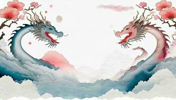 AI generated 2024 Chinese New Year Banner Year of the Dragon Template Design featuring Dragons, Clouds, and Flowers in the Background. photo