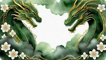 AI generated 2024 Chinese New Year Banner. Year of the Dragon Template Design, adorned with Dragons, Clouds, and Flowers on a Watercolor Background. photo