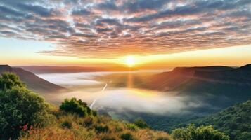 ai generado amanecer en el brumoso Mañana hd antecedentes fondo de pantalla foto